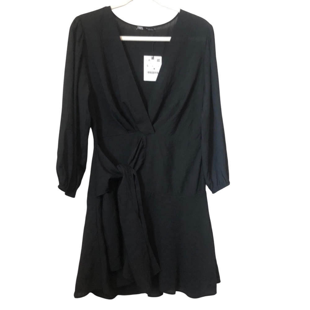 C Zara Black Vneck Front Tie Ruffle Long Sleeve Women Dress Size Large NWT